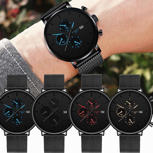 

men's watch business alloy mesh ultra thin mysterious black blue pointer three eye dial male simple casual clock reloj hombre, Slivery;brown
