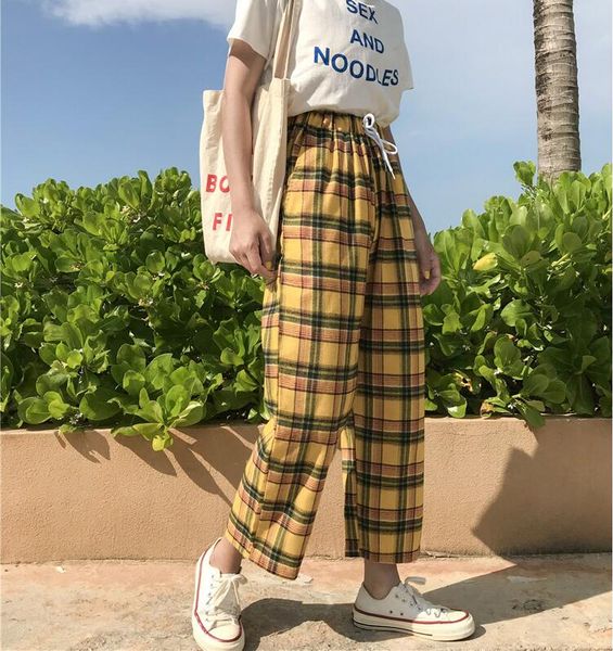 

summer plaid elastic waist wide leg pants, Black;white