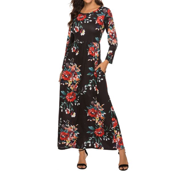 

women cold shoulder party dress elegant pocket floral print 3/4 sleeve casual maxi dresses casual dress women vestidos de festa, Black;gray