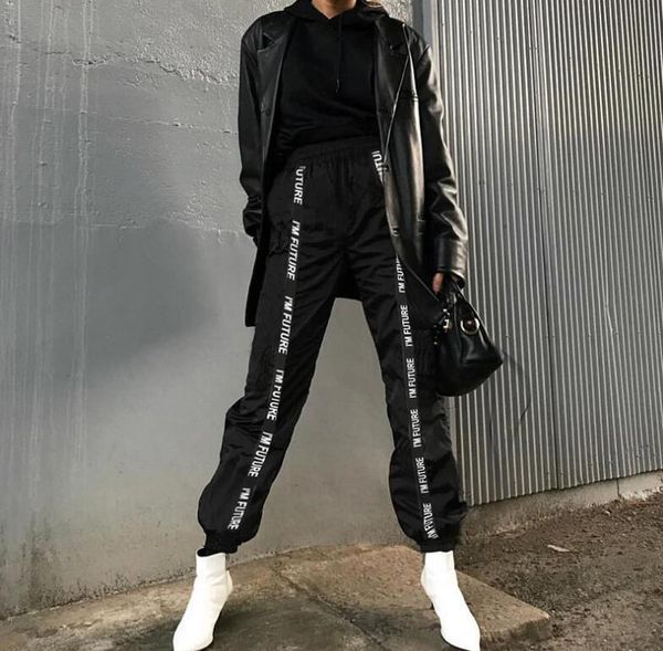 

new webbing stitching letters casual pants female harem pants, Black;white