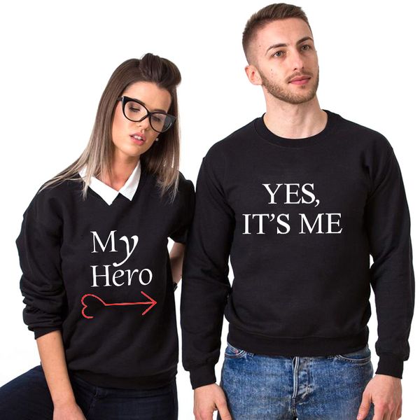 

my hero yes it's me funny couple match sweatshirt korean full sleeve crewneck hoodie fashion winter loose fit drop ship, Black