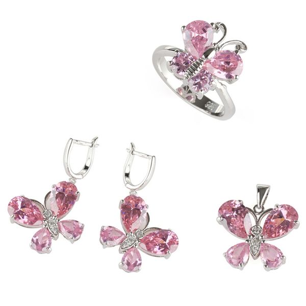 

shunxunze pink cubic zirconia wedding jewelry sets for noble generous women luxury (ring/earring/pendant) rhodium plated r519set, Silver