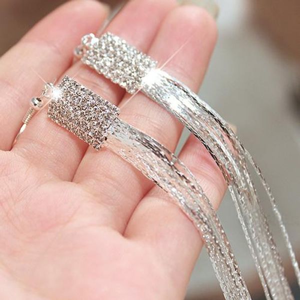 

women's square rhinestone drop long tassels chain dangle party linear earrings dropshipping, Silver