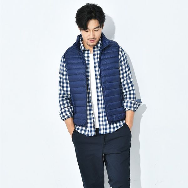 

autumn winter mens casual ultra light sleeveless down jacket vests solid color stand collar slim fit waistcoat outwear male vest, Black;white