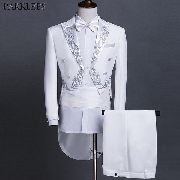 

men's suits & blazers white tailcoat men wedding grooms embroidered 2 piece mens with pants prom singers stage costume tuxedo suit set, White;black