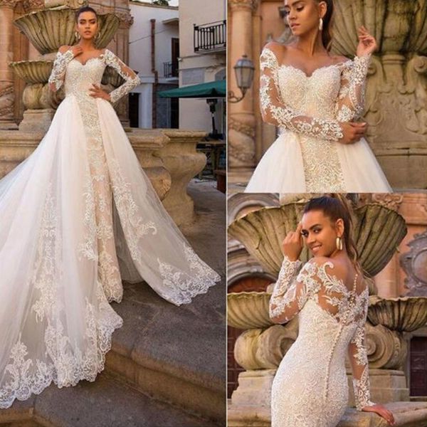 

2020 sheer кружева русалка свадебные платья тюль длинные рукава развертки поезд свадебные платья свадебные платья со съемным юбка, White