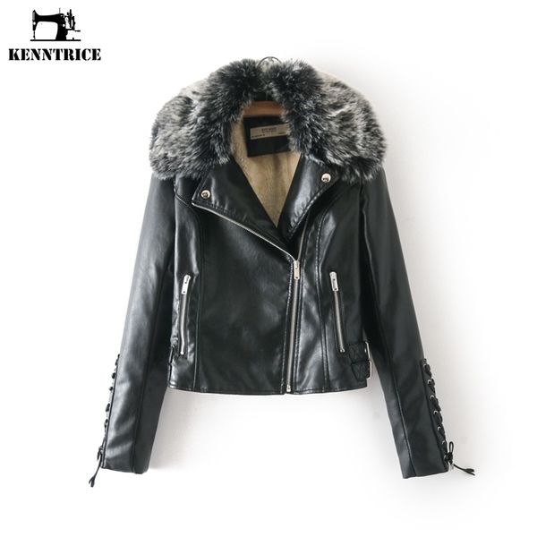 

kenntrice women thick leather coat faux fur collar winter jacket motorcycle biker female coat streetwear fur lining, Black