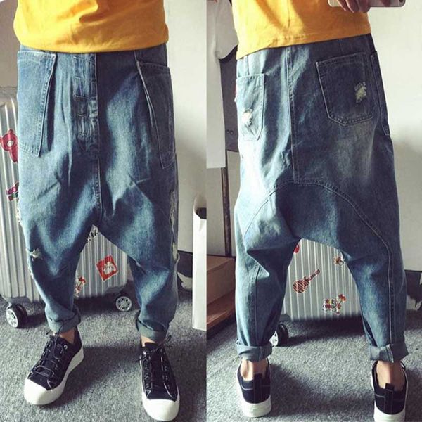 

loose baggy harem jeans men hip hop ripple jeans denim pants streetwear low crotch distressed blue trousers male clothes
