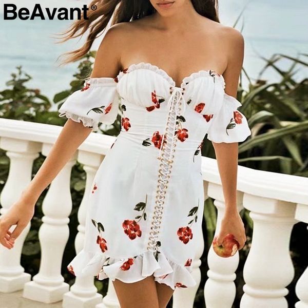 

beavant elegant off shoulder floral summer dress women vintage lace up ruffle short dress casual beach white print vestido, Black;gray