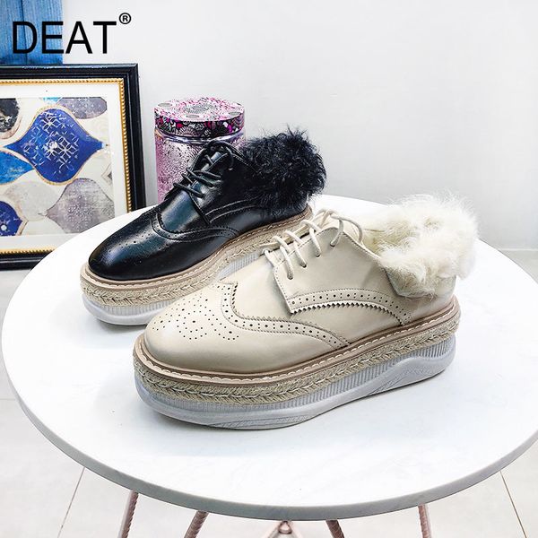 

deat] 2019 square toe bandage lamswool fur spliced pu leather velvet thick bottom shoes women new autumn winter fashion 10e979, Black