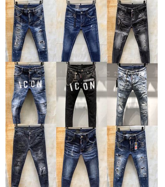 

icon fashion classic mens distressed ripped biker jeans slim fit motorcycle biker denim for men hip hop mens dsquar jeans good quality, Black