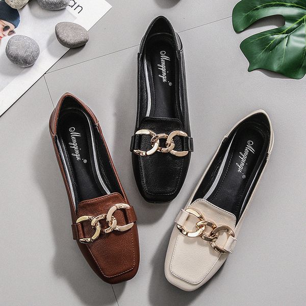 

women flats shoes loafers slip on ballerina moccasins square toe shallow single leather shoes metal button large size footwear, Black