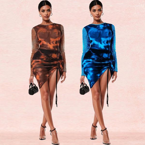 

mesh tie casual dresses women print pleated dress female clothing womens designer dress long sleeve, Black;gray