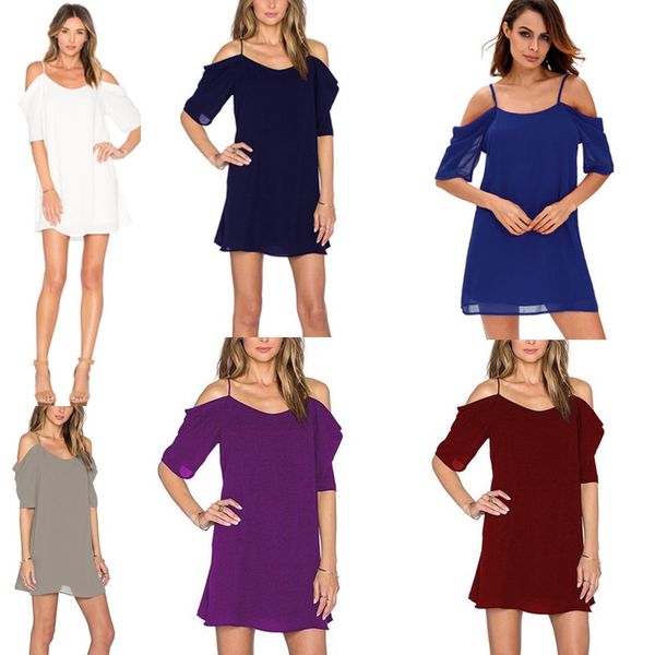 

Women Chiffon Dress New Summer Short Sleeves Sundress Female Sexy Solid Strap Off Shoulder Dresses Casual Plus Size S-3XL