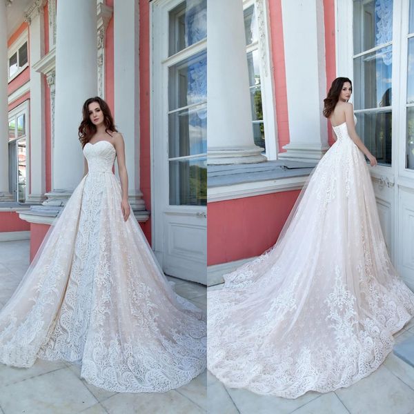 

2020 elegant wedding dresses sweetheart lace appliques bridal gowns lace-up back detachable train a line wedding dress robe de mariee, White