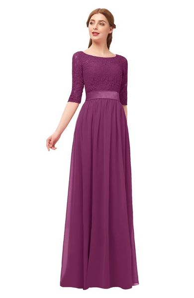 Roxo Lace Chiffon Longo Modest Vestidos Dama de Honra Com 3/4 Mangas A-line Até O Chão Mulheres Rústico Modesto Vestido de Festa de Casamento