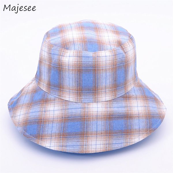 

bucket hats wome fisherman hat female anti-ultraviolet shading sun chic 2019 plaid casual all-mtach korean style high-quality, Blue;gray