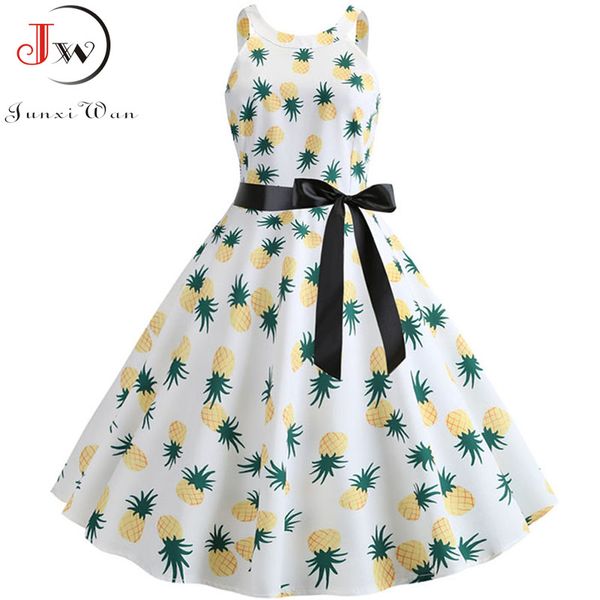 

pineapple print vintage dress 2019 casual floral women summer elegant party dresses robe 50s 60s rockabilly swing pinup vestidos, Black;gray