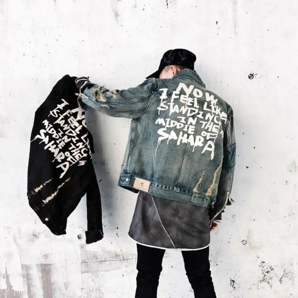 

miyu mens graffiti jeans jackets cowboy coats denim jacket mens hole clothes cotton streetwear watered rock hip hop outwear, Black;brown