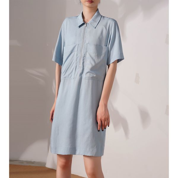

2020 spring summer women shirt dress turn-down collar short-sleeved loose casual zipper dresses with large pockets, Black;gray