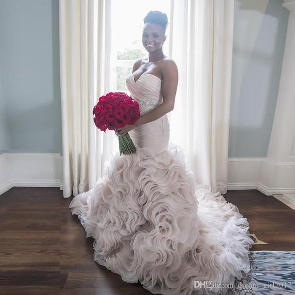 

african gorgeous mermaid wedding dresses sweetheart pleated satin tiered ruffles organza sweep train wedding dress bridal gowns vestidos, White