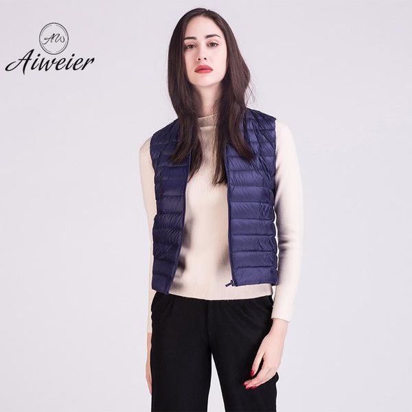 

aiweier] plus size ultra light down jacket women sleeveless thin zipper solid vest fashion korean warm coats for girls alab01, Black