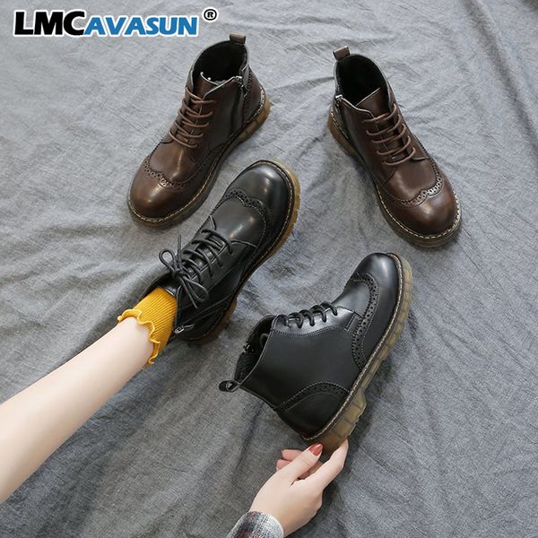 

lmcavasun round toe work boots women leather platform ankle boots winter shoes rubber sole chaussures femmes automne hiver, Black