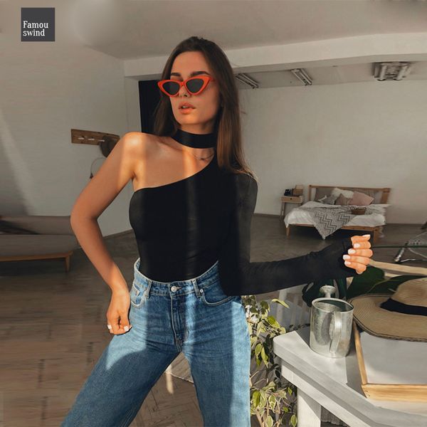 

cotton bodysuit halter one shoulder split women new fashion spring solid bodycon winter casual body drop shipping, Black;white