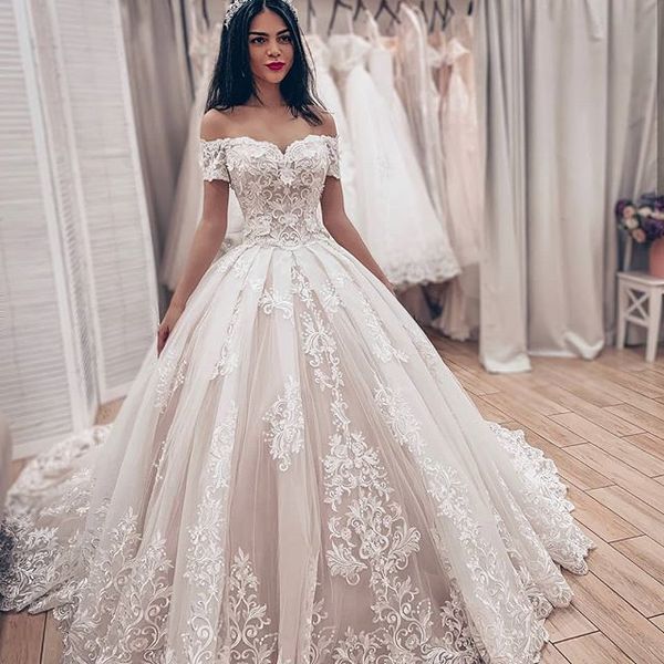 Herbst 2020 Böhmisches Hochzeitskleid, schlicht, elegant, schulterfreier Ausschnitt, kurze Ärmel, wunderschöne Brautkleider aus Spitze und Tüll mit Schnürung am Rücken