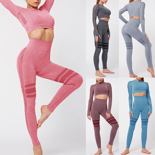 

vertvie women seamless yoga set fitness sports suits gym cloth long sleeve shirts high waist running leggings workout pants, White;red