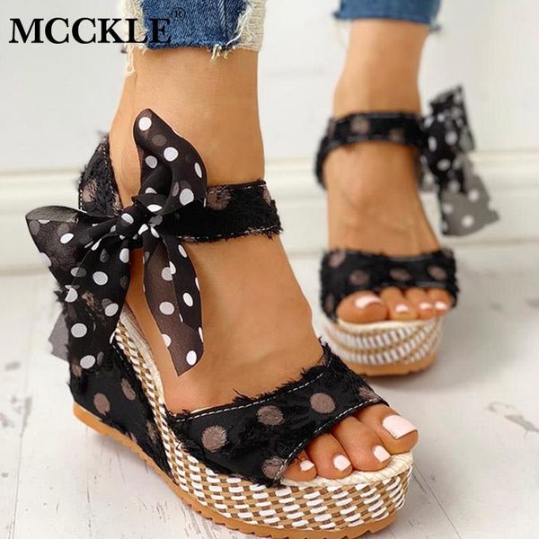 

mcckle women sandals dot bowknot design platform wedge sandals female casual shoes ladies fashion ankle strap open toe footwear ly191129, Black