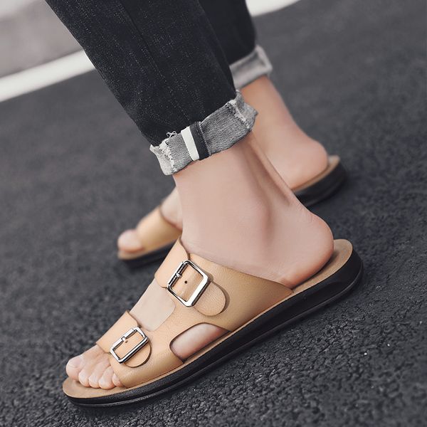 

men flip flops slippers fashion leather slippers breathable casual gladiator sandals for men outdoor pantuflas, Black