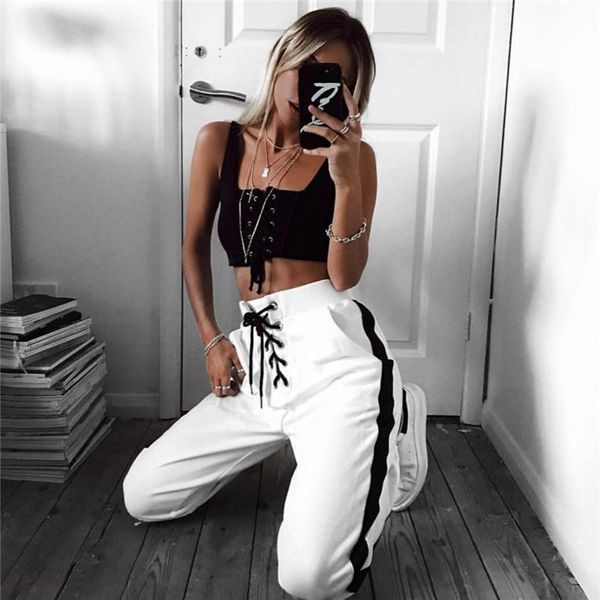 

new women's lace-up sports casual pants, Black;white