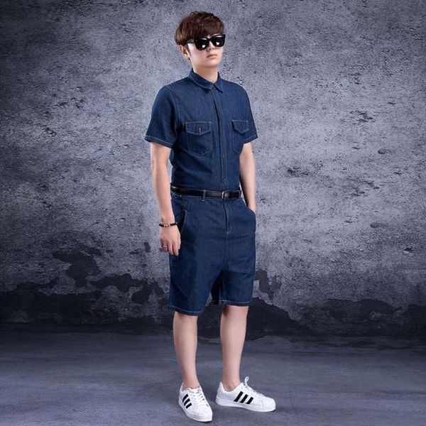 

siamese denim men's jumpsuit denim suit siamese men's tide jumpsuit wear tide shorts short sleeve summer, Blue