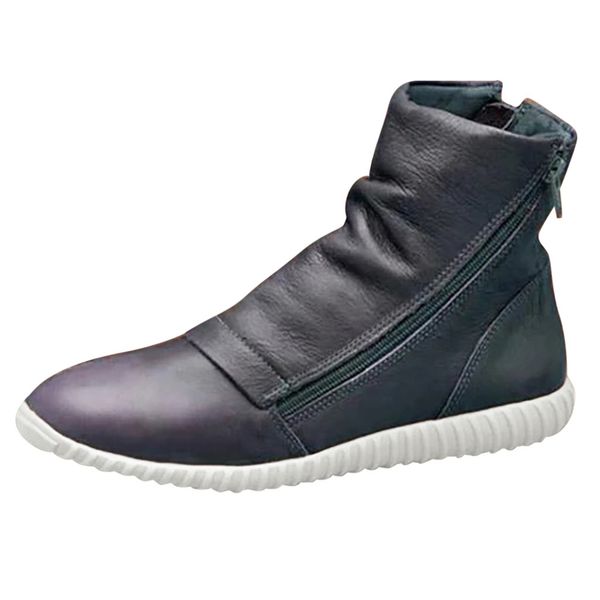 

sagace zipper women's boots casual shoes women flat leather shoes retro boots women side round toe leisure female, Black