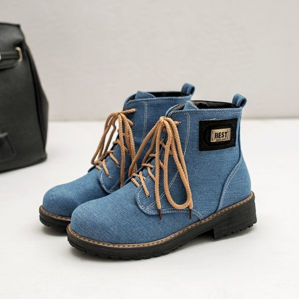 

us4-11 womens roune toe denim jeans flock ankle boots lace up oxfords metal sheet punk motorcycle shoes 5colors plus size c899, Black