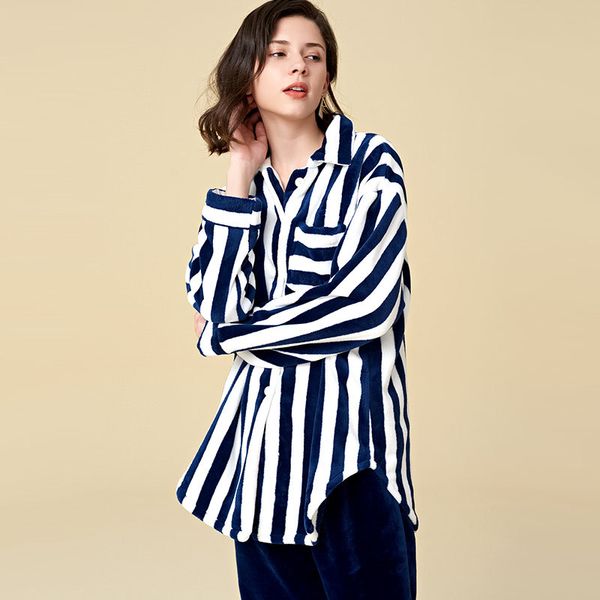 

blue striped women casual home wear winter pajamas set thick flannel sleepwear suit long-sleeved autumn ladies home suits, Black;red