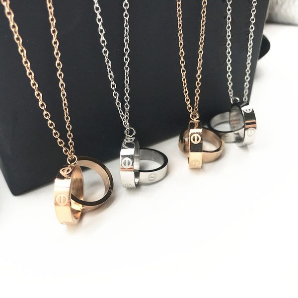 

double ring necklace women's fashion european and american 18k rose gold ring buckle pendant, Silver