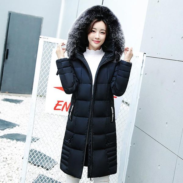 

женщины марка зимний пуховик большой меховой воротник теплые пальто с капюшоном дамы сгущает хлопок мягкая парка повседневная тонкий длинная, Black