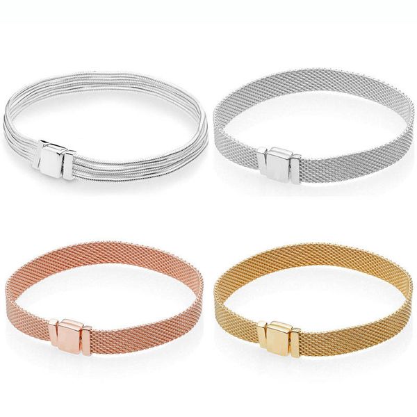 

rose gold silver shine woven mesh reflexions multi snake bracelet fit europe bangle 925 sterling silver bead charm diy jewelry, Golden;silver