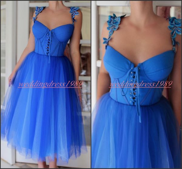 Moda Tulle Abiti da ballo corti A-Line Lunghezza tè Applique Corsetto Juniors Abiti da cerimonia da sera Vestido de fiesta Abiti lunghi da festa economici