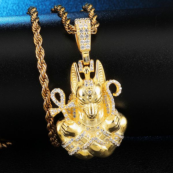 Voll AAA Iced Out Bling Kubikzircon Kupfer Ägypten Ankh Kreuz Anubis Anhänger Halsketten Für Männer HIP Hop Schmuck Großhandel