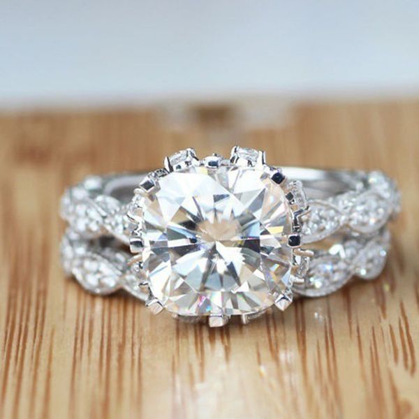 

2019 shiny round zircon engagement rings set for women euramerica delicate chic wedding rings promise jewelry wholesale, Silver