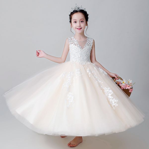 

champagne lace girls wedding dress v-neck party tulle princess birthday clothes princess flower girl dress first communion gown, Red;yellow