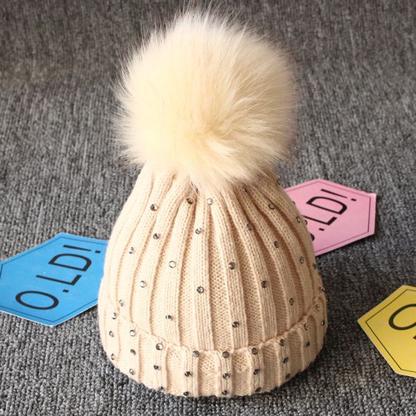 

girl kids cap sequins fur pompom hat beanie winter bobble warm knitted, Yellow