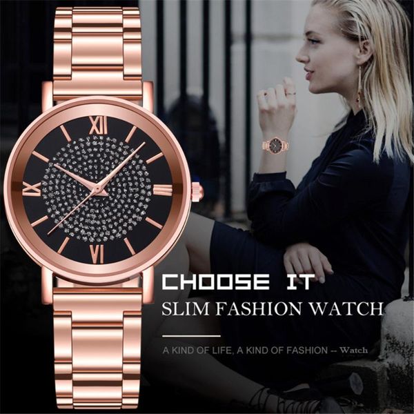 

new women watches quartz watch stainless steel dial casual bracelet watch diamond roman numerals round dial clock, Slivery;brown