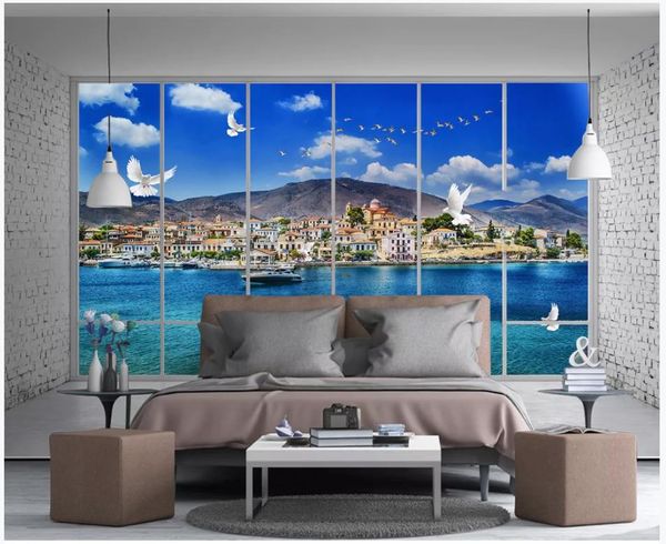

customized 3d large-scale p mural wallpaper beautiful blue seaside villa seascape seagull living room window landscape background wall