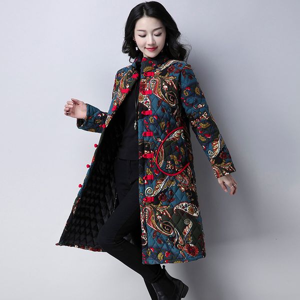 

2019 autumn and winter new style ethnic-style large size cotton linen printed mid-length loose-fit slimming thick cotton overcoa, Blue;black