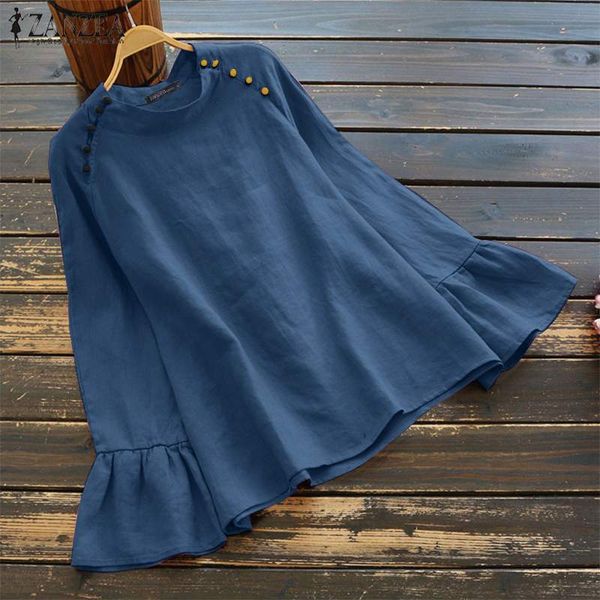 

2020 осень solid o шеи рубашки работы zanzea повседневного длинного flare рукав блузка женщина хлопок белье туника топы blusas женской сороч, White