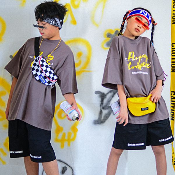 

summer jazz costumes children hip hop clothes modern dance outfit kids stage show wear grey loose short sleeve shorts dn5952, Black;red
